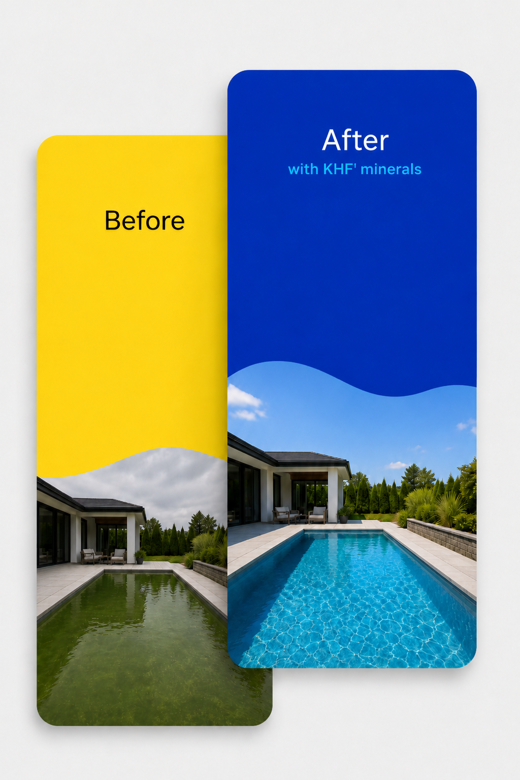 Pool water comparison showing before and after KHF pool care