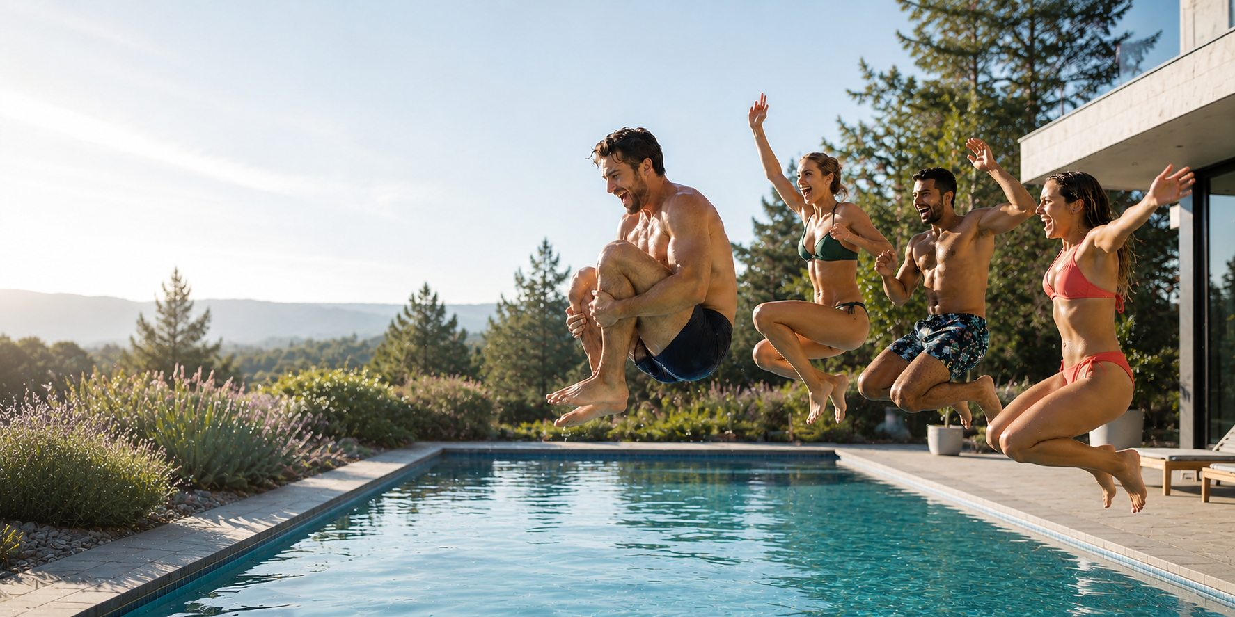 Friends enjoying a backyard pool with KHF pool care